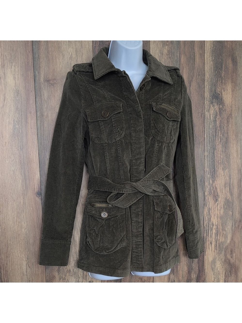 Feline Women's Dark Olive Corduroy Utility Jacket M                 D455